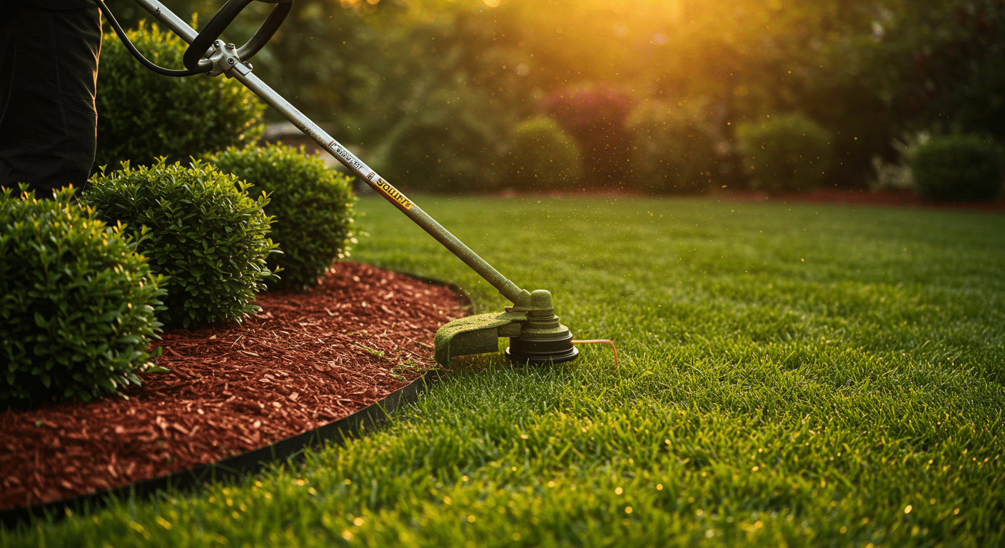 Person trimming grass edges with a string trimmer near shrubs and mulch in a landscaped yard.