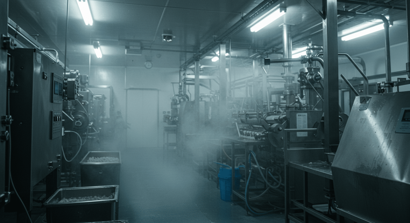 Cryonite treatment applied in a food processing facility with stainless steel equipment and production lines.