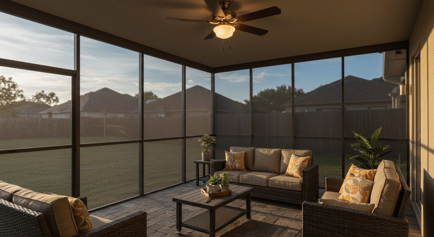 Outdoor patio with mesh screen enclosure, wicker furniture, and a ceiling fan.