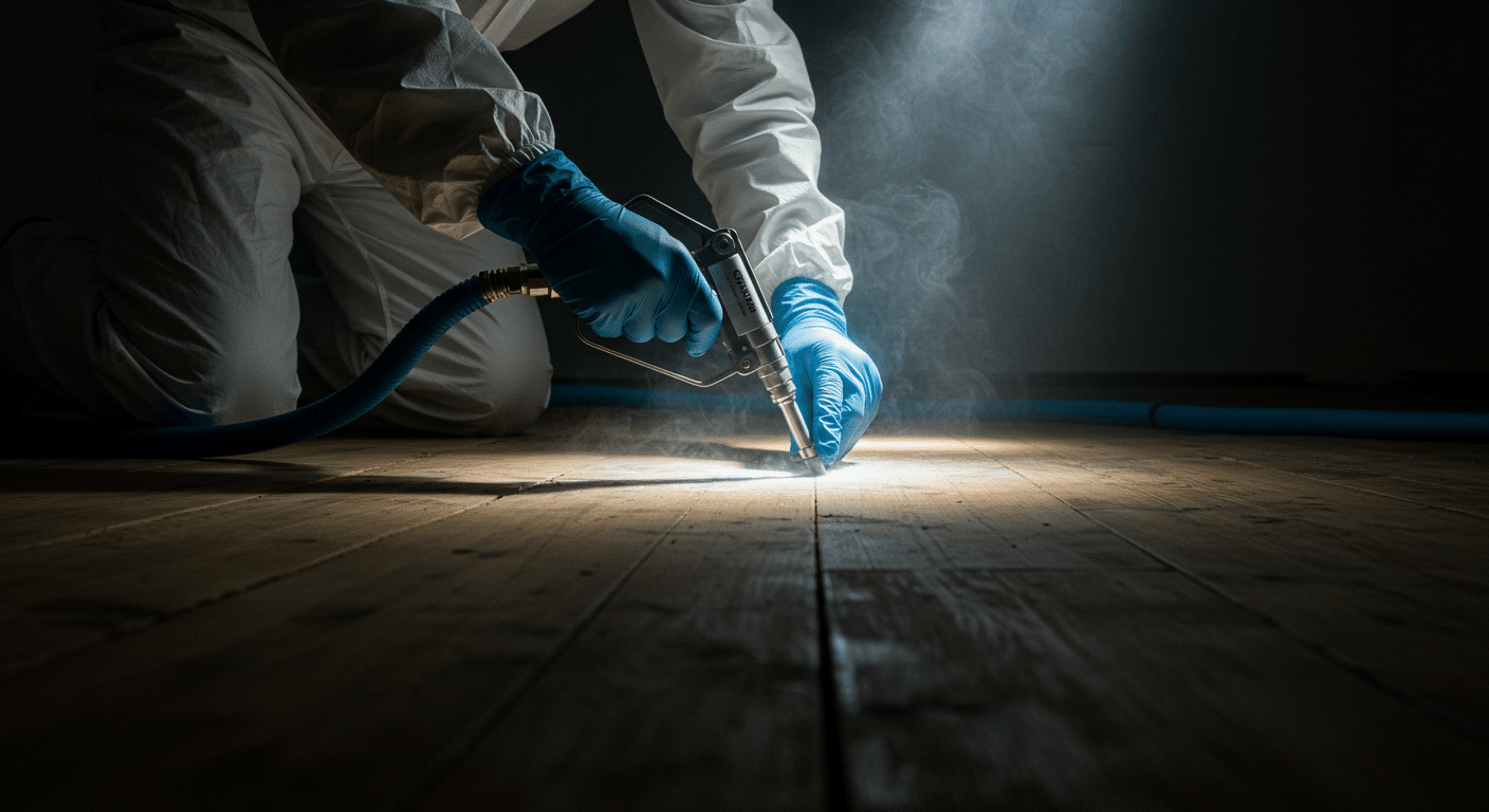 Pest control technician applying Cryonite under wooden floorboards with a precision nozzle.