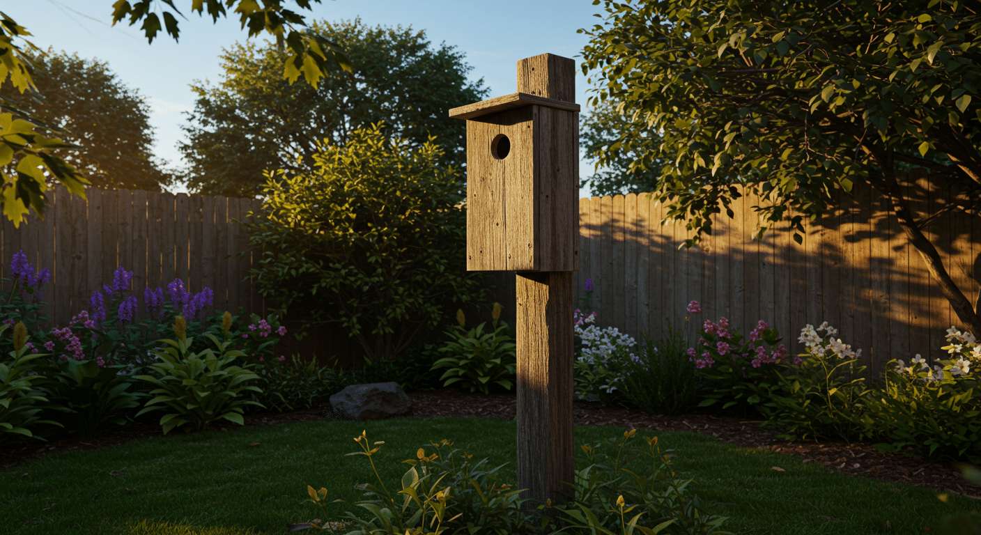 Wooden bat house mounted on a tall pole in a landscaped backyard with flowers and trees.
