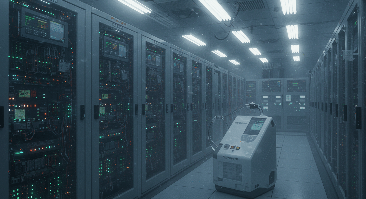 Cryonite freezing machine operating in a data center aisle with multiple server racks.