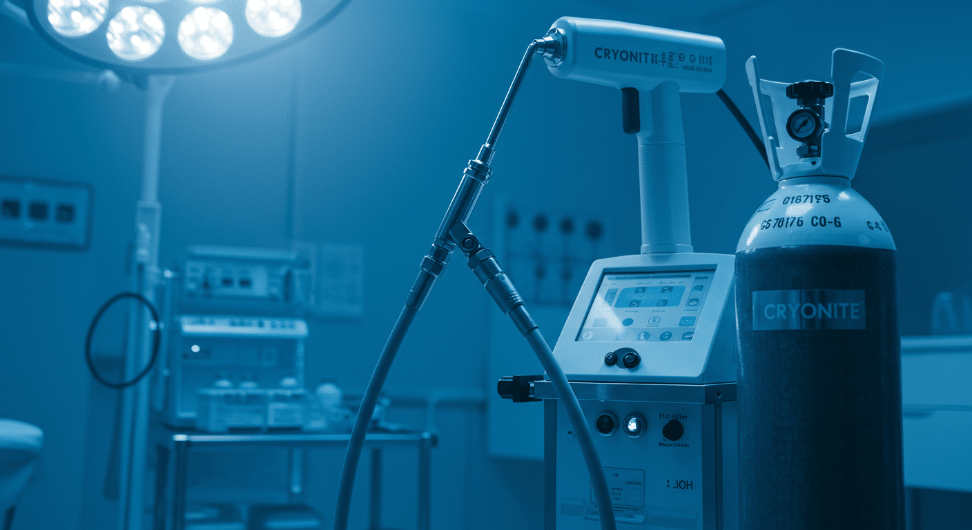 Cryonite bed bug treatment machine with CO₂ tank and nozzle in a clinical setting.