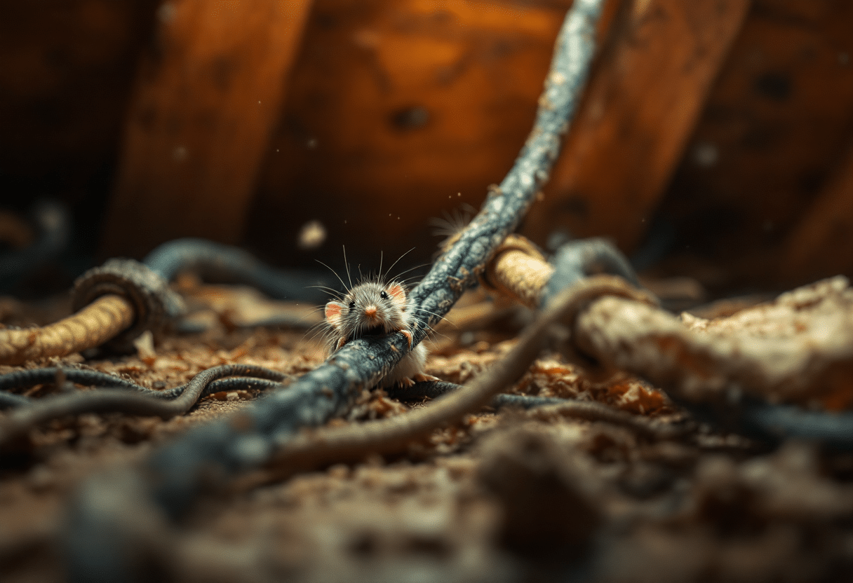 Mouse in an attic with gnaw marks on electrical wires.