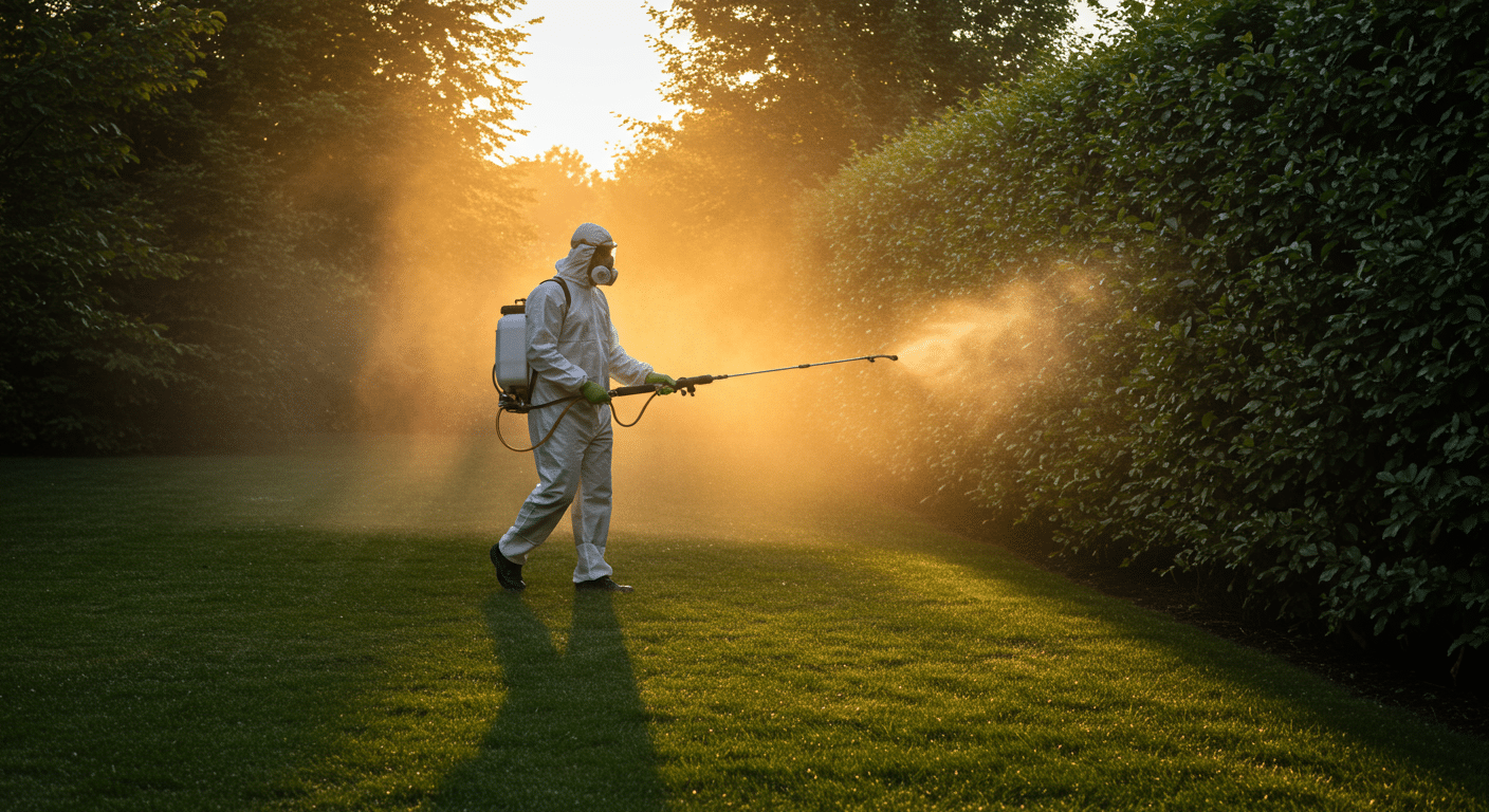 Pest control technician in protective gear spraying mosquito treatment along a hedge in a backyard.