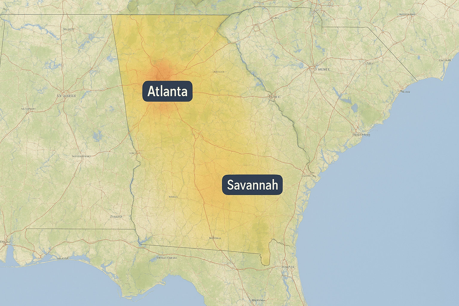 Realistic map of Georgia showing roads and cities with heat zones for bed bug activity centered on Atlanta and Savannah.