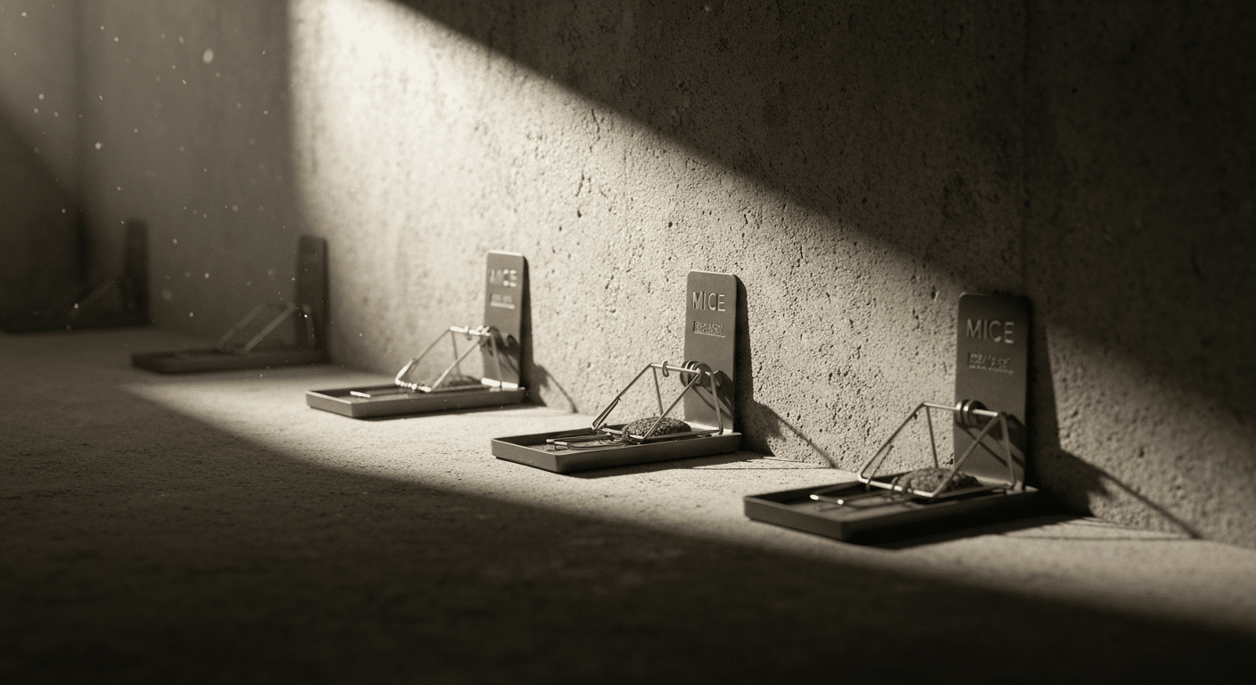 Snap traps labeled for mice placed in a row along the wall-to-floor junction of a basement wall.