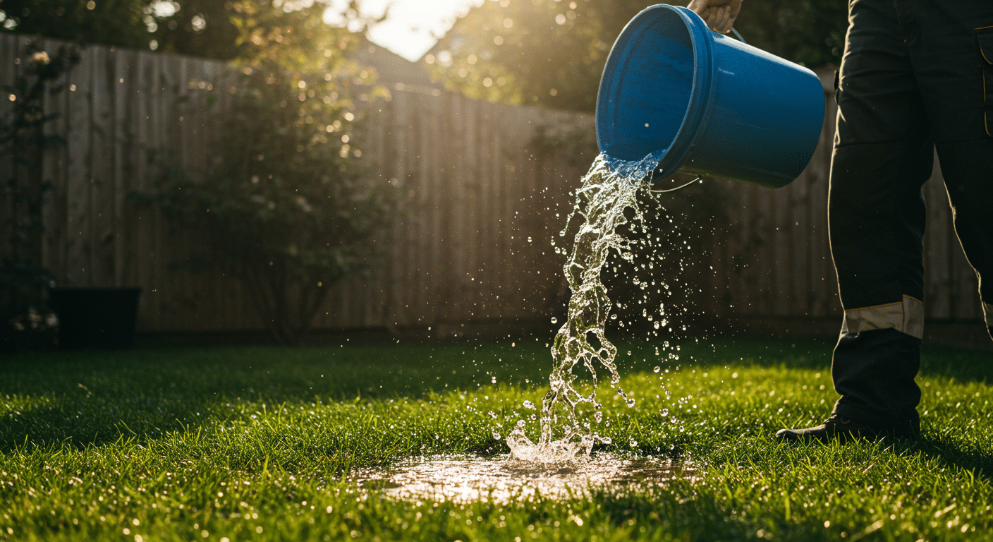 Person emptying a bucket of water onto the lawn to remove standing water in a backyard.
